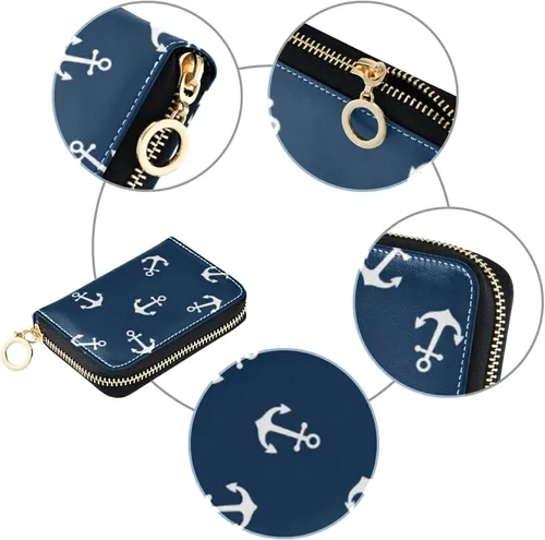 Vista 3 de OTVEE Funda para tarjetas de crédito RFID, billetera de cuero de microfibra con cremallera para mujer, Anclas, Cartera Rfid