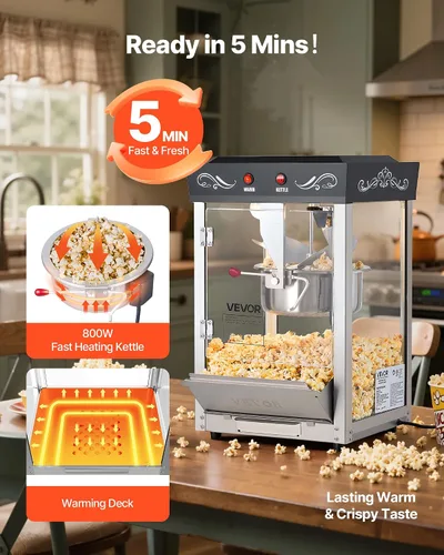 Vista 4 de VEVOR Máquina de palomitas de maíz, hervidor de acero inoxidable de 8 onzas, fabricadora comercial de palomitas de maíz de mostrador de 800W