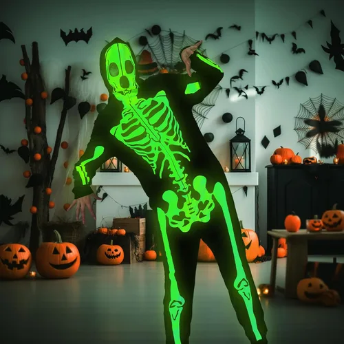Vista 9 de PARTISKY Adult Onesie Skeleton Costume Women & Men, Glow in the Dark Halloween Skeleton Jumpsuit with Zipper Hooded