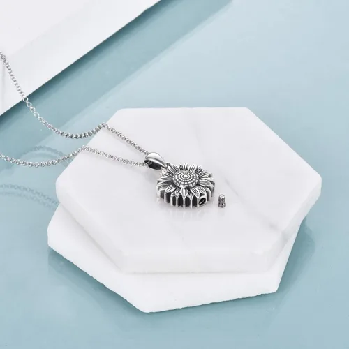 Vista 2 de Collar de urna de girasol de plata de ley para cenizas, joyería de cremación de flores rosas para cenizas