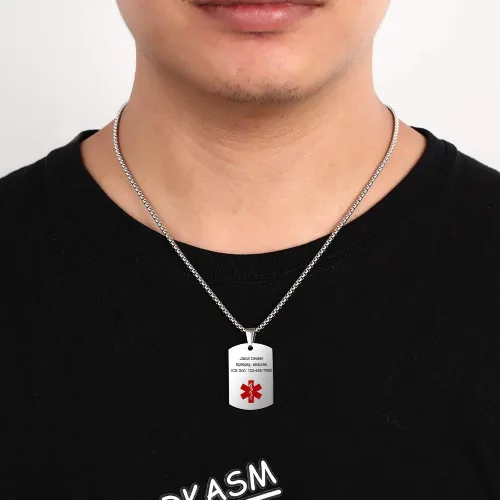 Vista 5 de Collar de alerta médica personalizada de acero inoxidable para hombres y mujeres, etiqueta de identificación médica de emergencia grabada para él