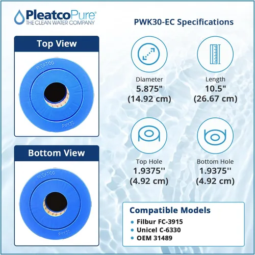 Vista 2 de Pleatco PWK30-EC Reemplazo del cartucho de filtro de spa para Unicel: C-6330, Filbur: FC-3915, OEM números de pieza: 31489, blanco
