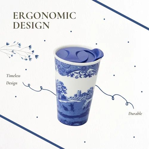 Vista 7 de Spode Taza de viaje de porcelana italiana azul de 8 onzas con tapa – Vaso con estampado escénico con borde decorativo – Taza de café de cerámica