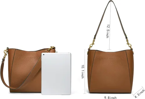 Vista 6 de DORIS&JACKY - Bolso hobo de cuero genuino estilo cubo para mujer, bolso de hombro de diseñador y bolso bandolera con correa ancha desmontable