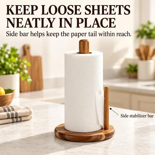 Vista 4 de Soporte para toallas de papel de madera de acacia, soporte para Toallero de papel antideslizante para cocina, baño, mesa de comedor, fácil