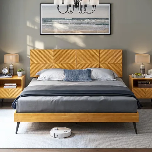 Vista 13 de Bme Georgina - Marco de cama tamaño Queen con cabecero y diseño geométrico artesanal distintivo, diseño con patente estadounidense pendiente, madera
