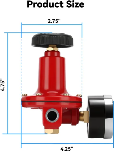 Vista 5 de Regulador de propano de 0-30 PSI con medidor de presión, entrada/salida FNPT de 1/4 pulgada, aluminio