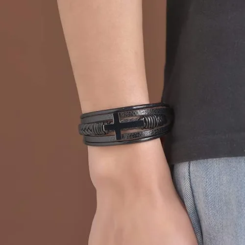 Vista 4 de Svana to My Sonnison - Pulsera de cuero trenzado de doble fila de acero inoxidable para hombre, pulsera inspiradora de cuerda de cuero, pulsera