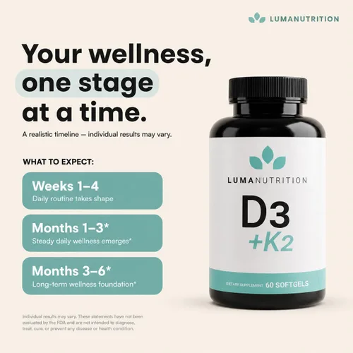 Vista 6 de Luma Nutrition Vitamina D3 + K2 10000 UI - Suplemento para la salud ósea y cardíaca - Apoyo inmunológico de máxima fuerza y absorción de calcio - 60