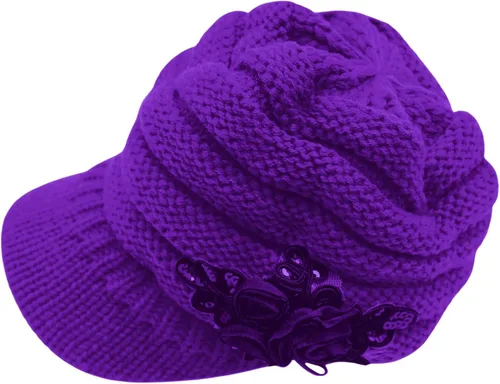 Vista 88 de C-US - Gorro de punto cálido para mujer, con visera de ganchillo con acento de flores