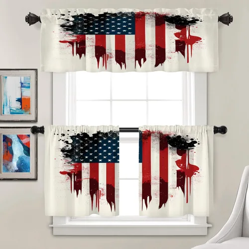 Vista 2 de Batmerry American Flag Ink Dot Blackout Tier Curtains, Red Blue White Stars Abstract Thermal Insulated Half Curtain Rod Pocket Small Valance for