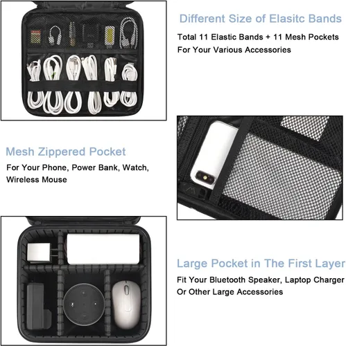 Vista 7 de Bolsa organizadora de cables, almacenamiento electrónico de viaje impermeable con ajustable, a prueba de golpes, portátil, de doble capa, bolsa