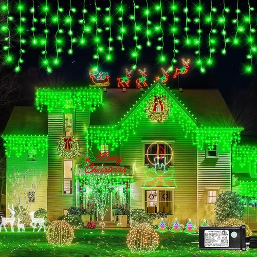 Vista 20 de Luces de carámbano para exteriores, 16.5 pies, 200 luces LED de Navidad para exteriores, impermeables, 8 modos de enchufe, cortina de luz conectable