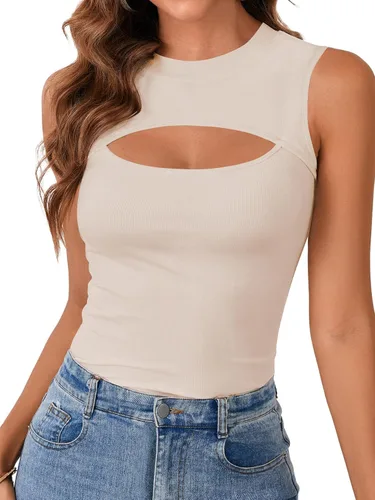 Vista 21 de Vrtige Camiseta sin mangas sexy con cuello redondo para mujer, de punto acanalado, sin mangas, ajustada