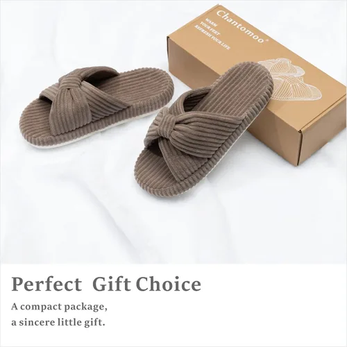 Vista 5 de Chantomoo - Pantuflas para mujer, de espuma viscoelástica, para el dormitorio, con lazo de pana, con bandas cruzadas, cómodas, modernas, para regalo
