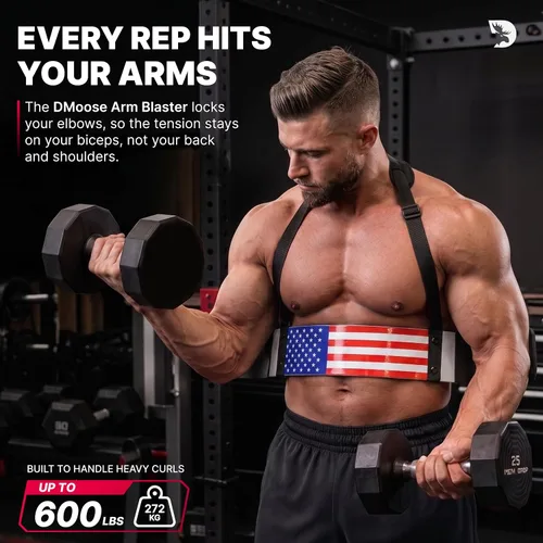 Vista 2 de DMoose Fitness Brazo Blaster para bíceps y tríceps – Aluminio resistente, acolchado suave para el cuello y correas ajustables – Soporte de rizo