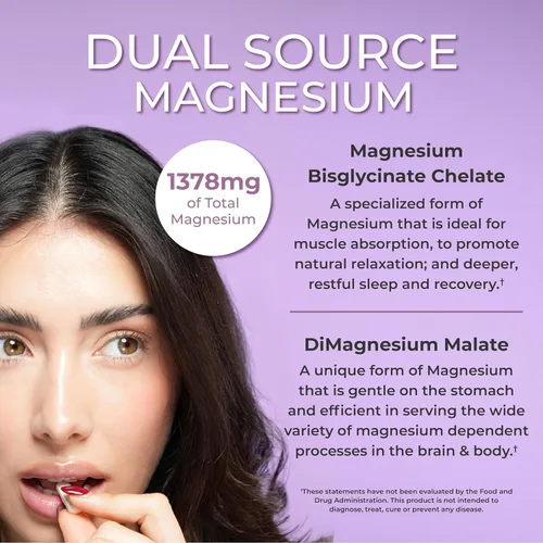 Vista 2 de One Sol Magnesio, 1378 mg Bisglicinato de Magnesio de Doble Fuente para el sueño, la relajación y la recuperación de todo el cuerpo, Alta absorción