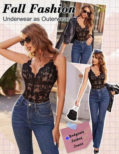 Vista 7 de Avidlove - Body de encaje sexy lencería de una pieza para mujer escote en V profundo