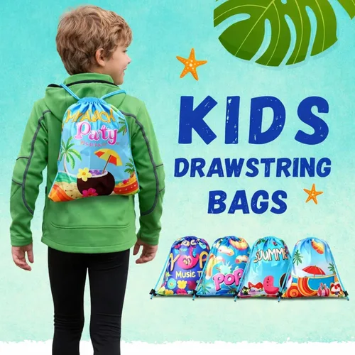 Vista 4 de Hosuly 24 bolsas de verano para fiesta en la piscina, bolsas con cordón, mochilas hawaianas, decoración de fiesta de piscina, bolsas de regalo