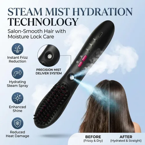 Vista 3 de Peine alisador de vapor inalámbrico, cepillo alisador de pelo de vapor portátil, 3 ajustes de temperatura, tecnología de pulverización eléctrica