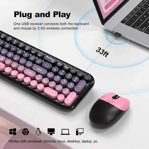 Vista 2 de Dilter Combo de teclado y mouse inalámbricos, teclado retro portátil con tamaño compacto, mouse conectado USB 2 en 1 para Windows 7/8/10, laptop