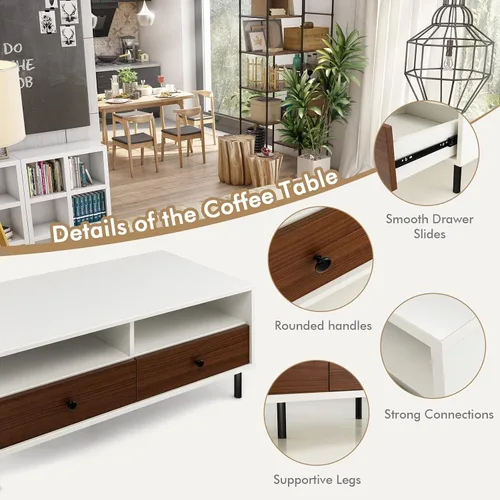 Vista 5 de Giantex Mesa auxiliar rectangular de madera, mesa central moderna de 2 niveles con 2 cajones, 2 estantes de almacenamiento, fácil montaje, soporte