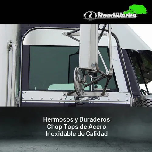 Vista 3 de RoadWorks 30436 - Tapas de acero inoxidable de 5 pulgadas para ventanas de cabina Peterbilt 1973-2004, acabado pulido