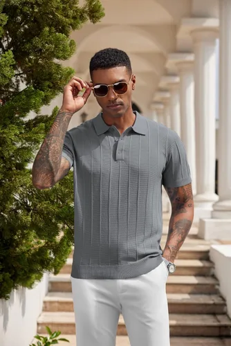 Vista 43 de COOFANDY Camisas polo de punto para hombre de manga corta con textura acanalada Camisas de golf casuales y ligeras con cuello Camiseta de polo