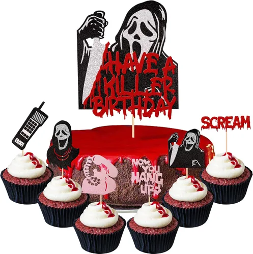 Vista 22 de 1 pieza de decoración de pastel de cumpleaños con purpurina montada con purpurina clásica de Halloween para torta de terror sangrienta temática