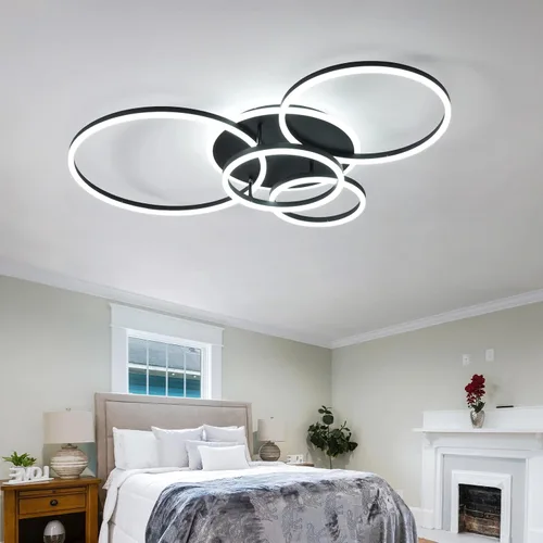 Vista 6 de Lámpara de techo LED moderna de 90W regulable con control remoto, 5 anillos, lámpara de techo empotrada, candelabro acrílico negro LED para sala