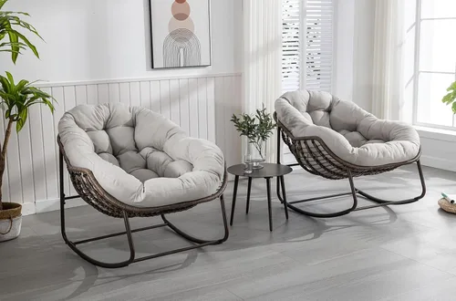 Vista 9 de Mecedora para patio al aire libre, silla mecedora de huevos de ratán para interiores, cómoda silla Papasan de gran tamaño con cojín más grueso