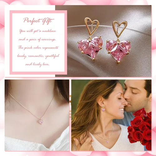 Vista 3 de Dcfywl731 Juego de aretes de San Valentín, collar de corazón rosa, aretes para mujer, juego de joyas de corazón con diamantes de imitación, regalo