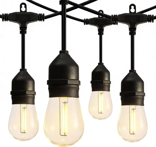 Vista 9 de Banord Cadena de luces LED para exteriores, luces de patio de 48 pies con bombillas Edison de plástico vintage de 2 W regulables y hilo de grado