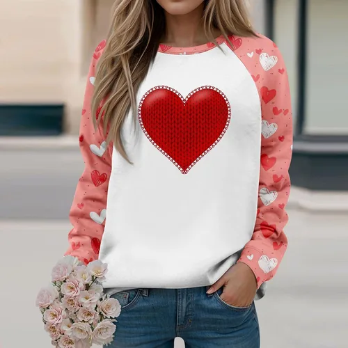 Vista 3 de Sudaderas para el día de San Valentín para mujer, blusas de cuello redondo, casuales, camisetas de manga larga con estampado de corazón