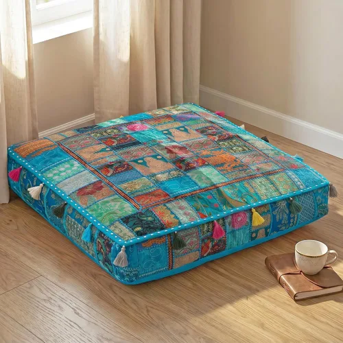 Vista 12 de THE ART BOX Almohadas de Suelo y Fundas de Cojín de Retazos de Algodón Vintage Boho Bordadas, Puf para Perros, Puf de Asiento, Almohada