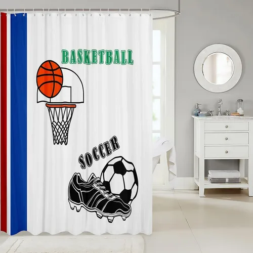 Vista 2 de Cortinas de ducha para niños, juegos de pelota de deportes, zapatos de baloncesto y fútbol, cortinas de baño simples y elegantes para niñas, niños