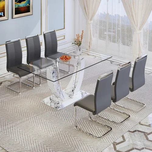 Vista 15 de JUFU Juego de mesa de comedor de cristal de 71 pulgadas para 6, juego de mesa de comedor moderno con base de textura de mármol sintético blanco