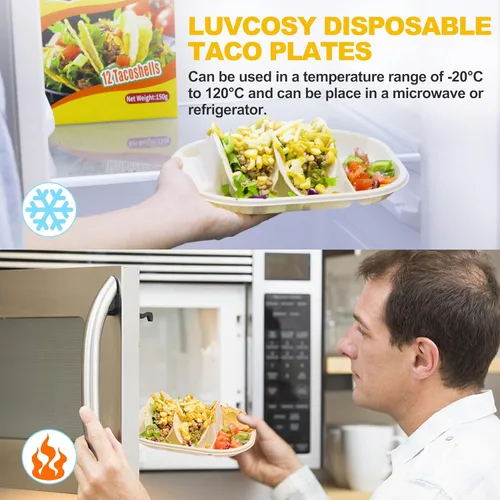 Vista 3 de Platos pequeños desechables para tacos con lados para mojar - Paquete de 100, porta tacos de almidón de maíz biodegradable, tamaño mini