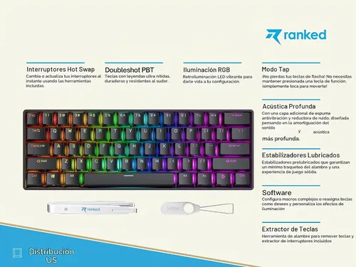 Vista 2 de Ranked S60 Supernova 60% Factor de Forma Teclado Mecánico de Gaming con Intercambio en Caliente 61 Teclas Retroiluminado LED RGB Multicolor