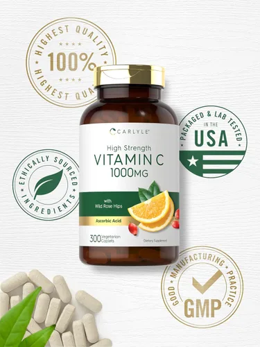 Vista 5 de Carlyle Vitamina C 1000mg 300 Cápsulas vegetales vegetarianas Ácido ascórbico con escaramujos silvestres Fórmula de alta potencia Suplemento