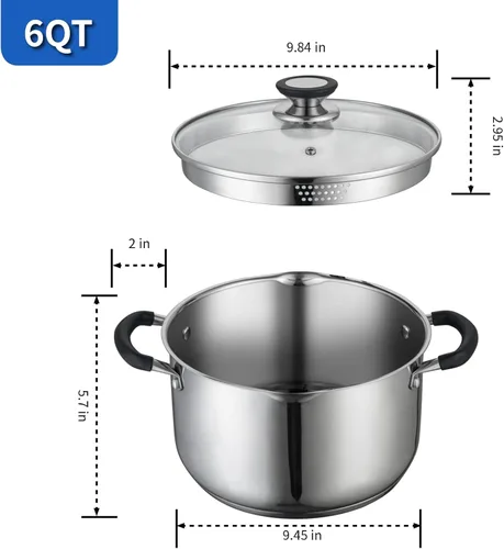 Vista 6 de SLOTTET Olla de Caldo de Acero Inoxidable de 6 Cuartos con Tapa de Vidrio con Colador, Olla de Sopa de 6 Qt Multiusos con Pico Vertedor, Mango