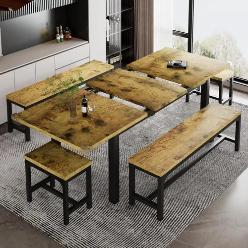 Vista 10 de iPormis Juego de mesa de comedor extensible de 7 piezas con 6 taburetes, juego de mesa de cocina de 63 pulgadas para 4 a 8 personas, mesa de comedor