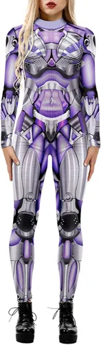 Vista 5 de Enterizo de mujer con estampado de esqueleto de robot mecánico 3D para Halloween, disfraz de cosplay