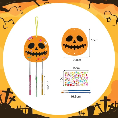 Vista 7 de Fennoral Paquete de 9 carillones de viento de Halloween para niños, hazte dueño de campanillas de viento de Halloween, adornos colgantes de madera