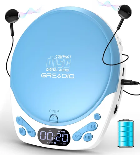 Vista 8 de Greadio - Reproductor de CD portátil con auriculares, reproductor de CD recargable para el hogar Azul
