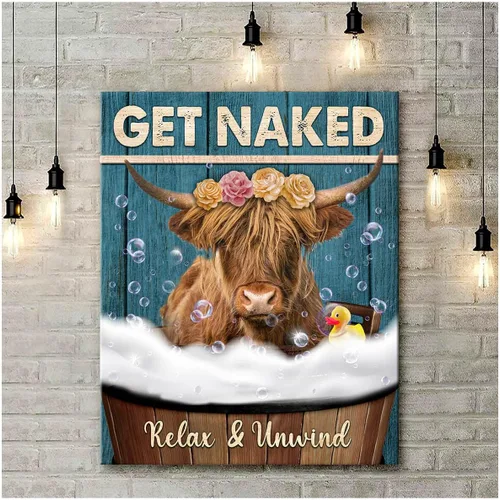 Vista 4 de Divertido arte de pared de vaca de las tierras altas en la bañera, lienzo con imagen de vaca en el baño, impresiones de animales para baño