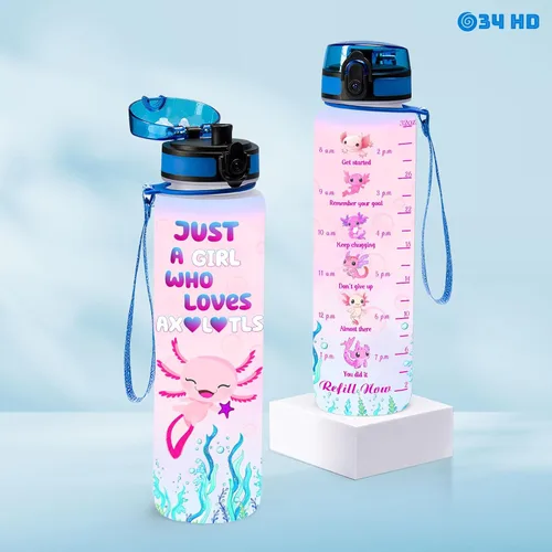 Vista 2 de 34HD Axolotl - Botella de agua de 32 onzas, bonita botella motivacional para mujer, botella de gimnasio con marcador de tiempo, regalo