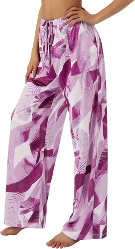 Vista 2 de CHAUKAREAUL Women Wide-Leg Trousers, Leaves Print Drawstring Elastic Waist Yoga Pants, SMLXLXXLXXXL