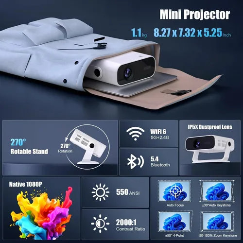 Vista 2 de Soporte para mini proyector 4K, WiFi 6 BT 5, Keystone automático Negro