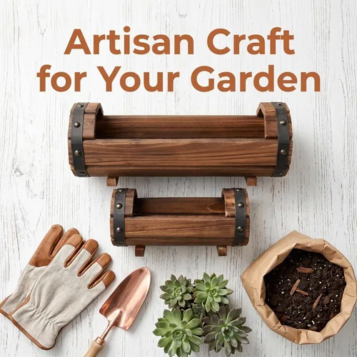 Vista 8 de DOITOOL Macetas de medio barril para exteriores, paquete de 2 macetas rústicas de madera maciza para plantas, juego de macetas de barril de vino